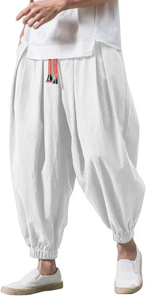 Mens Linen Baggy Pants 2025 Summer Pleated Casual Harem Pants Beach Hippie Trousers
