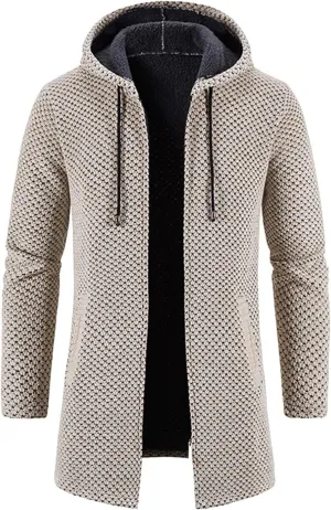 Mens Long Cardigan Hoodies Full Zip Fleece lined Sweaters Fashion Knitted Men Regular Fit Warm Sweater Hooded Coat