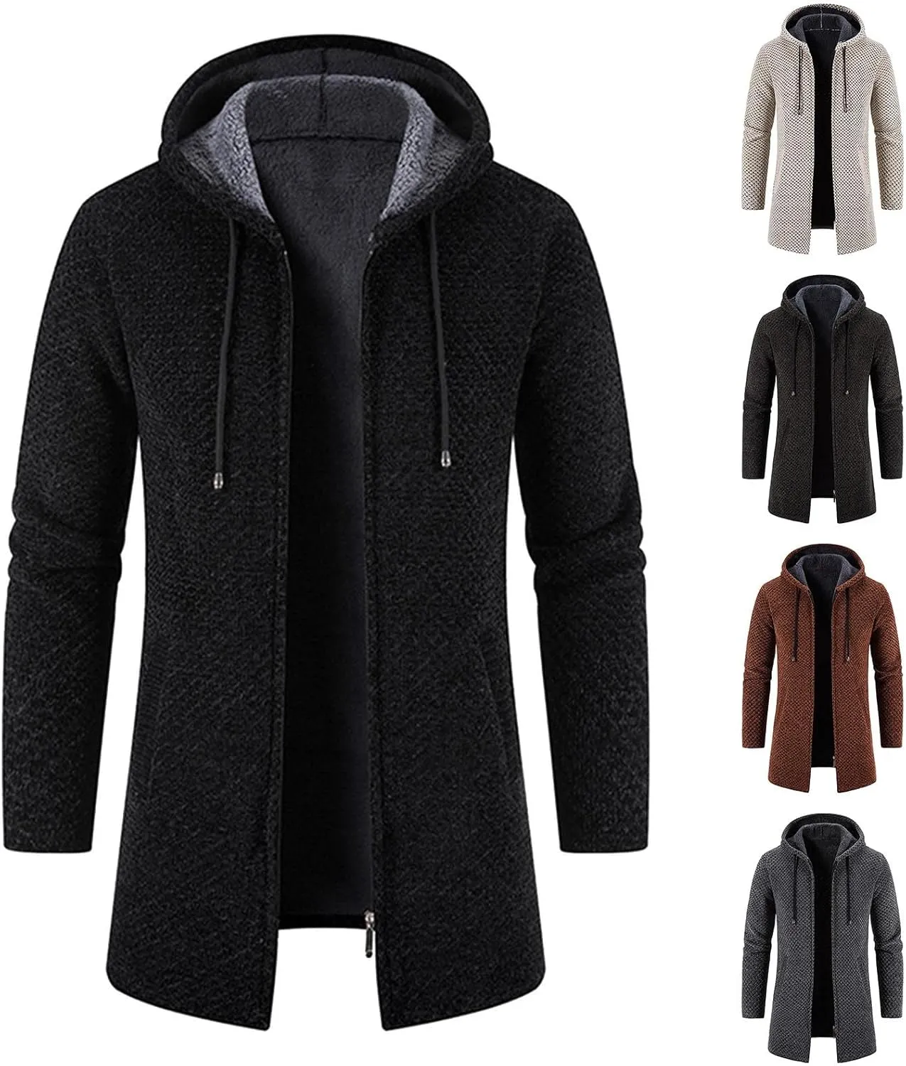 Mens Long Cardigan Hoodies Full Zip Fleece lined Sweaters Fashion Knitted Men Regular Fit Warm Sweater Hooded Coat
