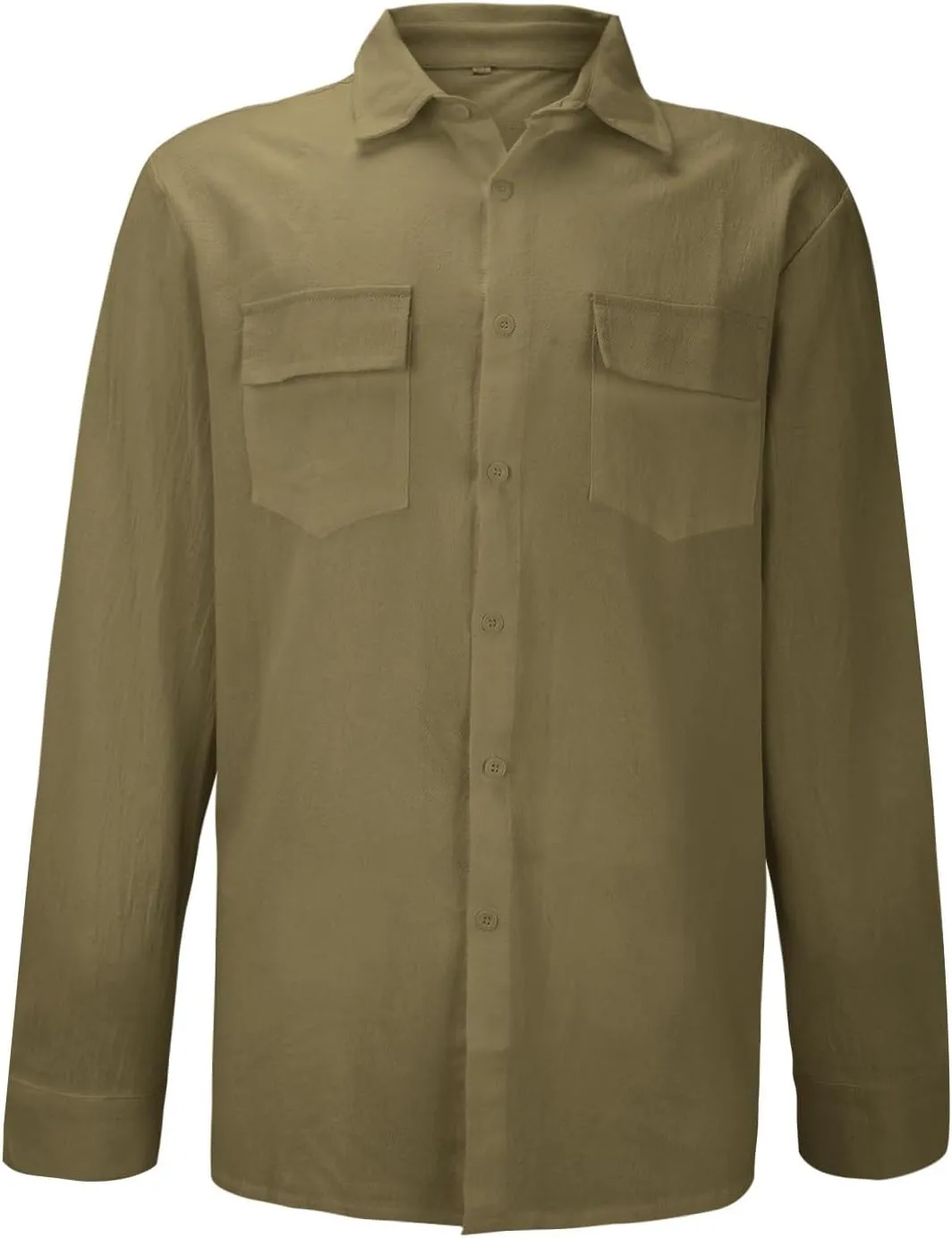 Mens Plus Size Cotton Linen Shirt with 2 Big Pockets Combat Outdoor Traveling Tops Long Sleeve Light Casual Versatile Shirts