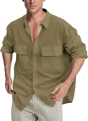 Mens Plus Size Cotton Linen Shirt with 2 Big Pockets Combat Outdoor Traveling Tops Long Sleeve Light Casual Versatile Shirts