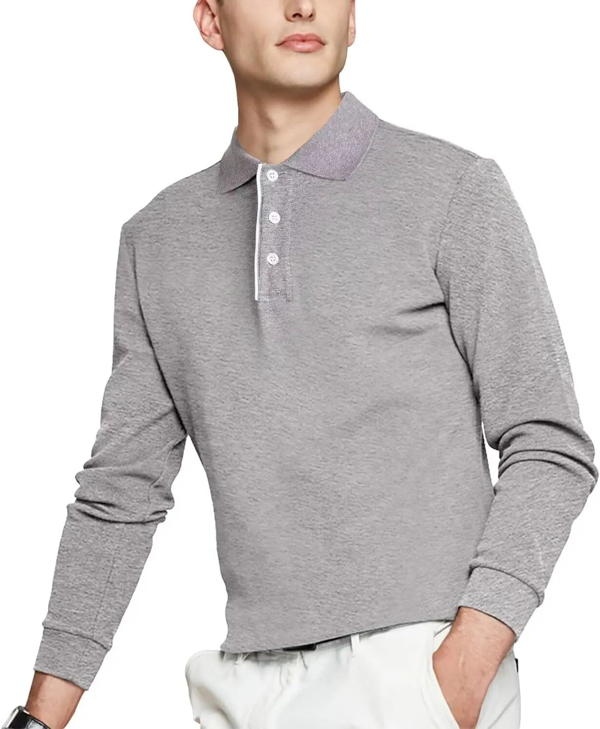 Mens Polo Shirts Cotton Solid Long Sleeve Polo Rugby Shirts