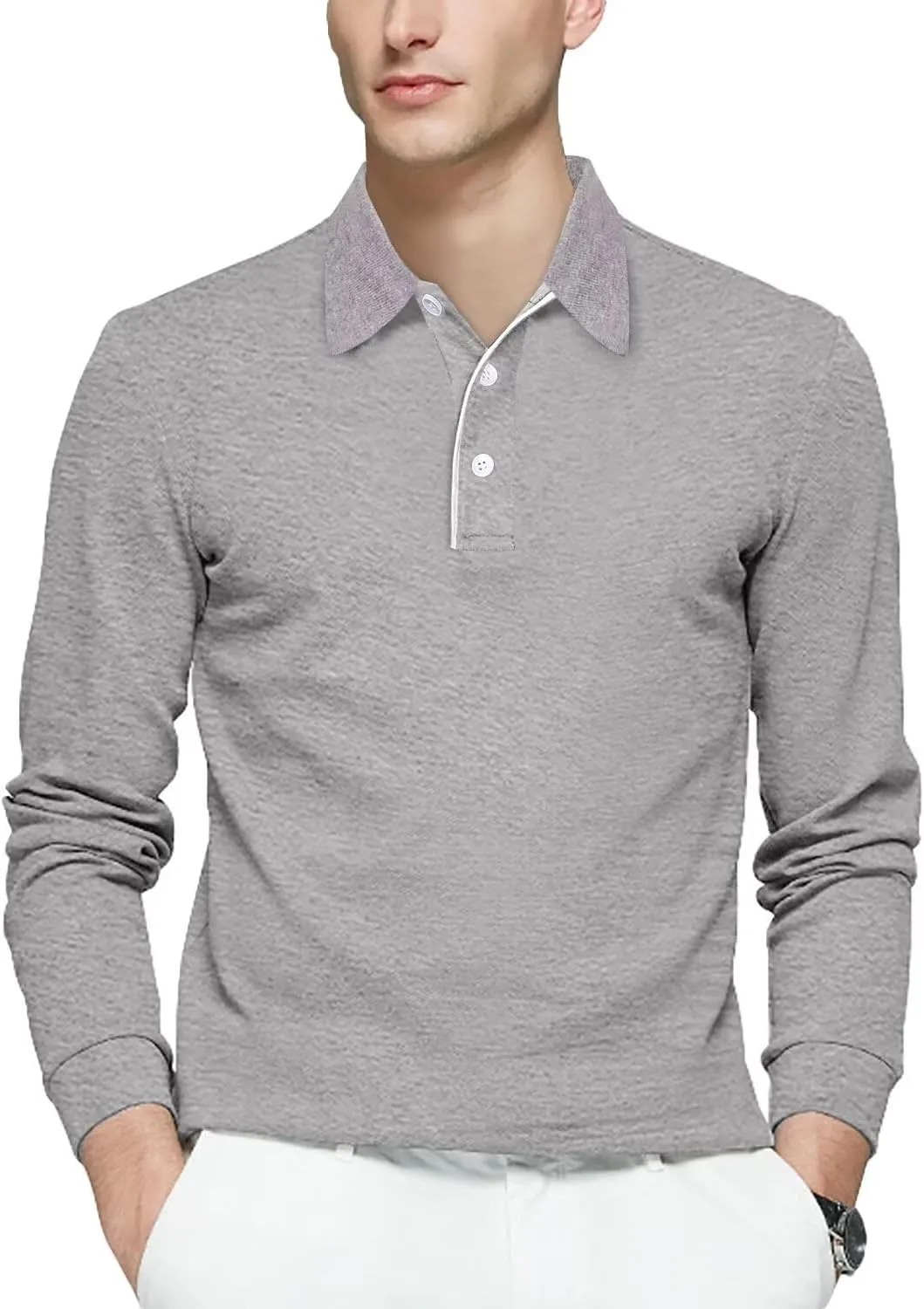 Mens Polo Shirts Cotton Solid Long Sleeve Polo Rugby Shirts
