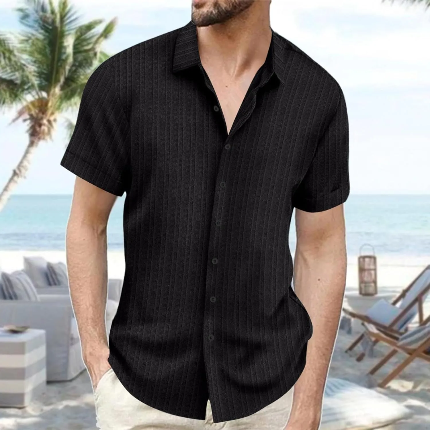 Mens Short Sleeve Cotton Linen Shirts Active Combat Relaxed Fit Casual Travel Top Textured Solid Lapel Button Up Shirt