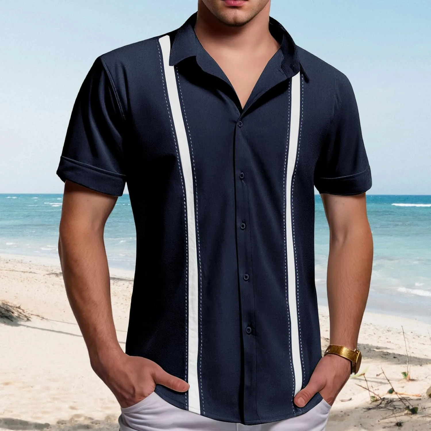 Mens Short Sleeve Linen Shirts Lightweight Button Down Beach T-Shirts Casual Collared Striped Hawaiian Tees Summer