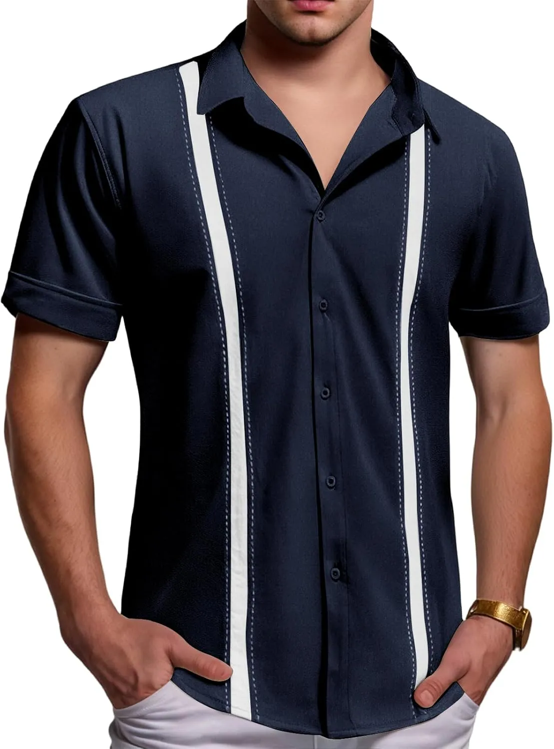 Mens Short Sleeve Linen Shirts Lightweight Button Down Beach T-Shirts Casual Collared Striped Hawaiian Tees Summer