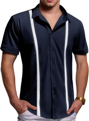 Mens Short Sleeve Linen Shirts Lightweight Button Down Beach T-Shirts Casual Collared Striped Hawaiian Tees Summer