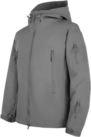 Men's Soft Shell Jacket Zip Up Fleece Lined Windbreaker Solid Color Long Sleeve Hooded Hiking Coat with Pockets