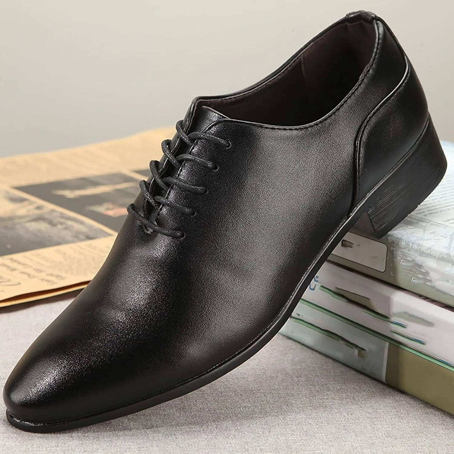 Men's Spring and Summer Korean Edition Solid Color Pointed Lace Up Business Leather Shoes Non Slip Shoes for Men