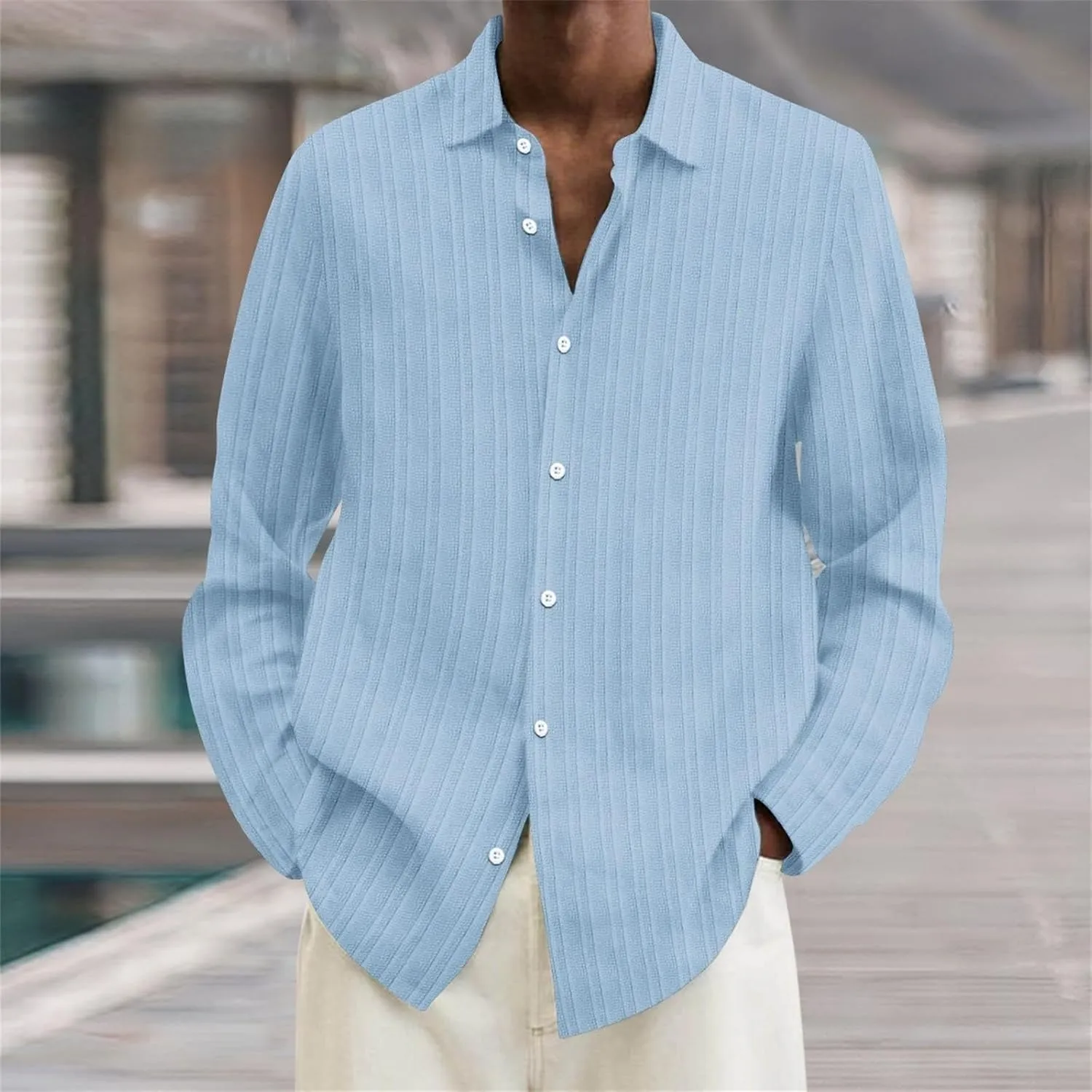 Men's Striped Oxford Shirts Summer Long Sleeve Button Cuban Guayabera Shirt Lightweight Quick Dry Leisure Beach Tops