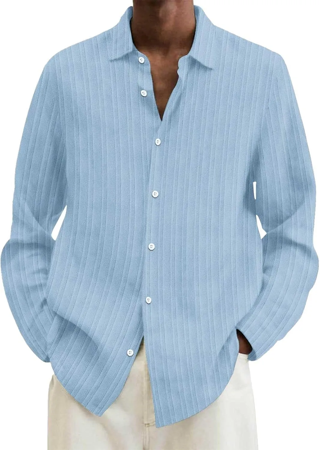 Men's Striped Oxford Shirts Summer Long Sleeve Button Cuban Guayabera Shirt Lightweight Quick Dry Leisure Beach Tops