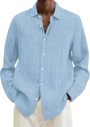 Men's Striped Oxford Shirts Summer Long Sleeve Button Cuban Guayabera Shirt Lightweight Quick Dry Leisure Beach Tops