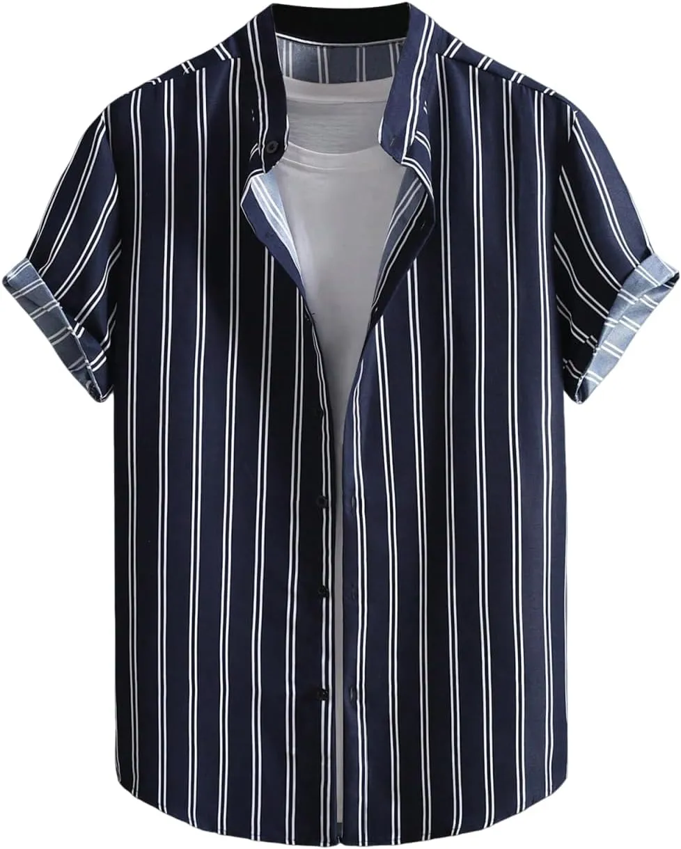 Men's Striped Shirts Button Down Short Sleeve Casual Beach Shirts