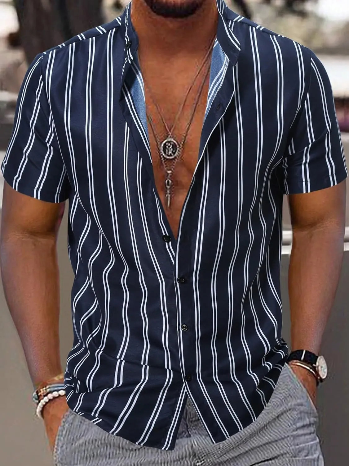 Men's Striped Shirts Button Down Short Sleeve Casual Beach Shirts