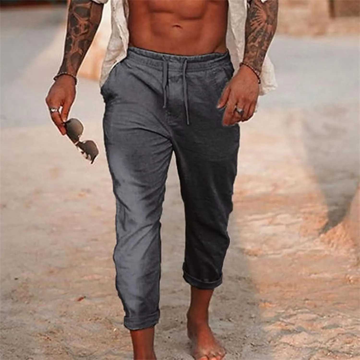 Men's Summer Cotton and Linen Solid Color Drawstring Loose Casual Outdoor Beach Pants 2025