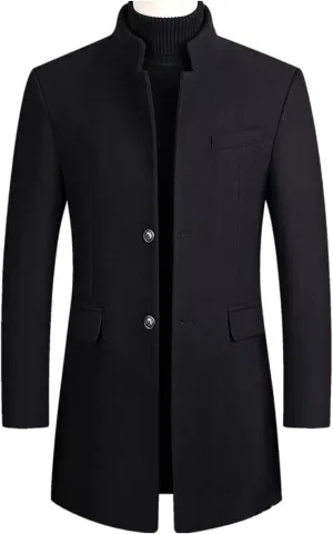 Men's Winter Trench Coat Wool Blend Pea Coat Slim Fit Stand Collar Single Breasted Coats Business Windproof Jacket