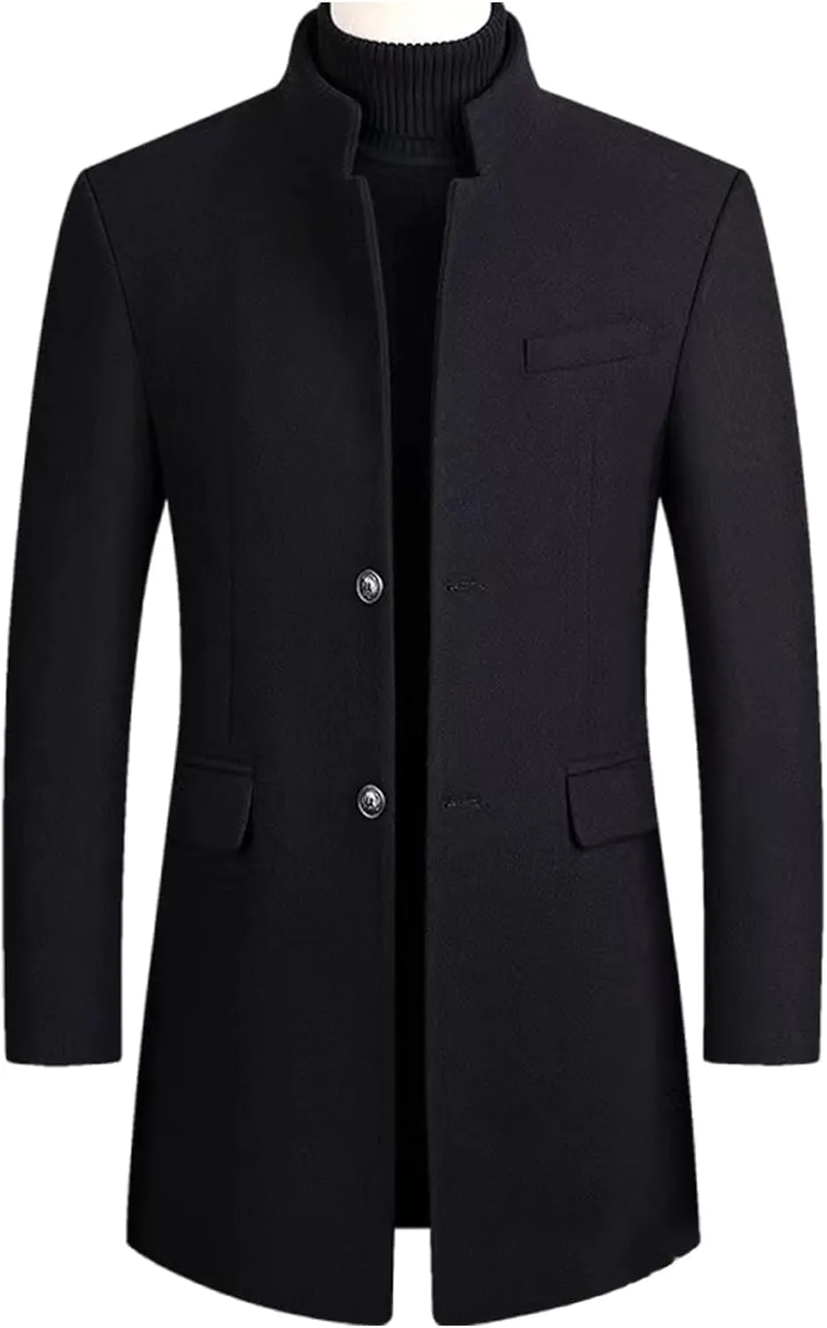 Men's Winter Trench Coat Wool Blend Pea Coat Slim Fit Stand Collar Single Breasted Coats Business Windproof Jacket
