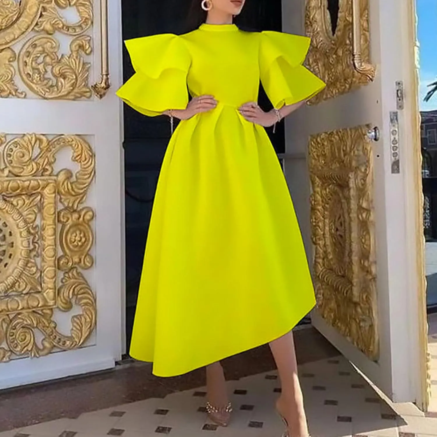Midi Dresses for Women Casual Boho Flare Sleeve Asymmetrical Hem Dress Fall Fashion Club Party Dresses Trendy Clothes