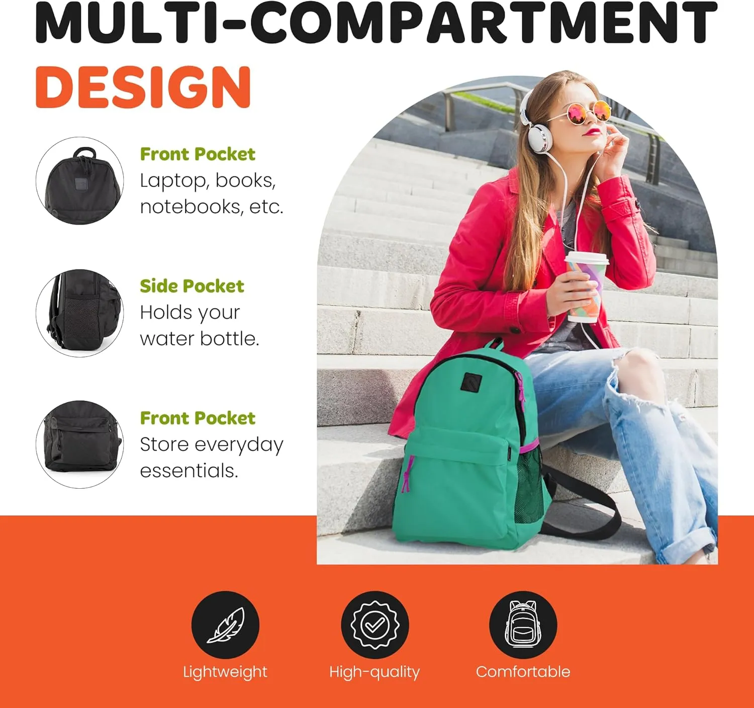 Mintra Office Backpack, Water-resistant Everyday Bag with Adjustable Straps, Unisex Backpack for Travel, College, Multi-Compartments with Secure Zippers, Aqua Green, 10L Mini, 10" W x 9.84" H