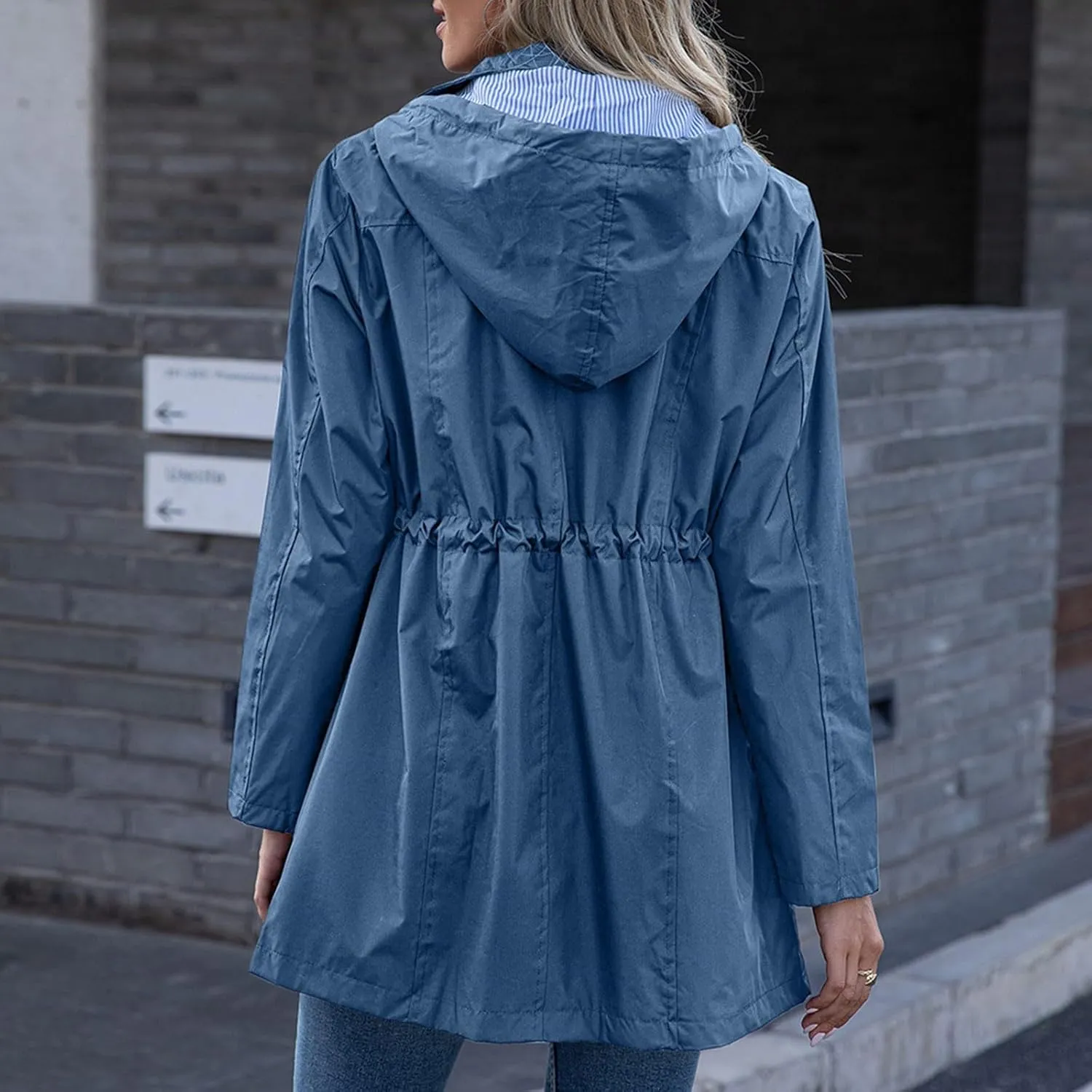 Miyaomn Women's Striped Lined Hooded Rain Jacket Active Outdoor Hiking Lightweight Trench Coat Outdoor Waterproof Windbreaker