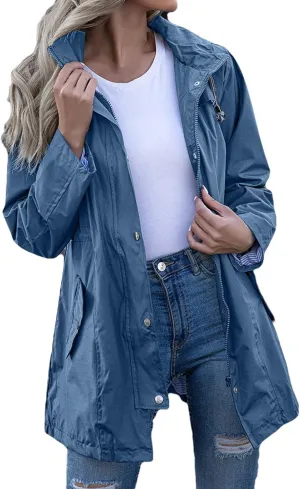 Miyaomn Women's Striped Lined Hooded Rain Jacket Active Outdoor Hiking Lightweight Trench Coat Outdoor Waterproof Windbreaker