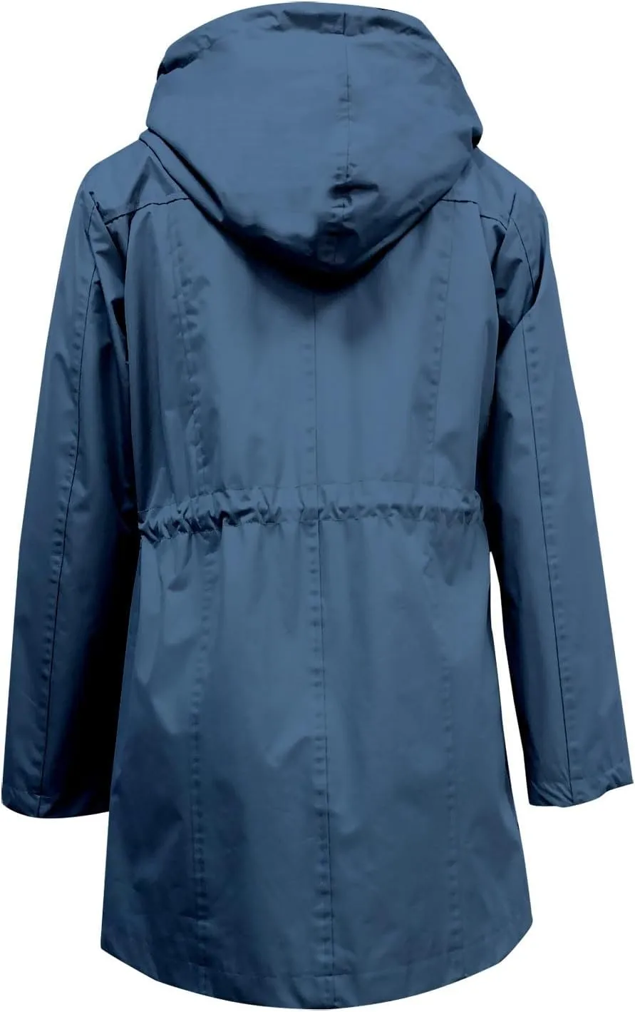 Miyaomn Women's Striped Lined Hooded Rain Jacket Active Outdoor Hiking Lightweight Trench Coat Outdoor Waterproof Windbreaker