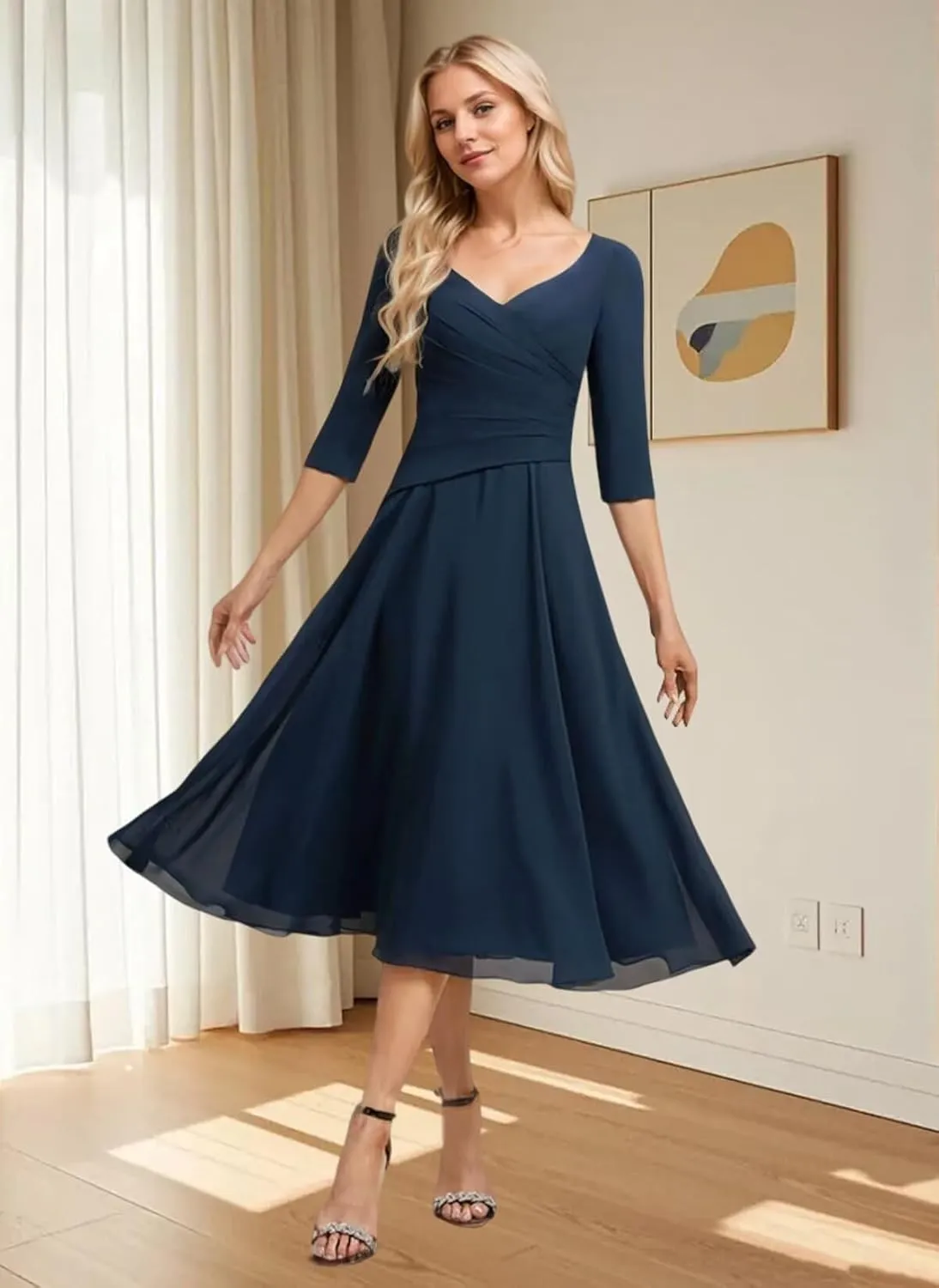 Mother of The Bride Dresses Chiffon Tea Length Women Lace Applique Wedding Guest Dress 3/4 Sleeve Formal Evening Gowns