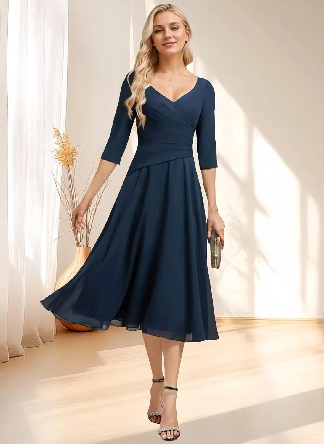 Mother of The Bride Dresses Chiffon Tea Length Women Lace Applique Wedding Guest Dress 3/4 Sleeve Formal Evening Gowns
