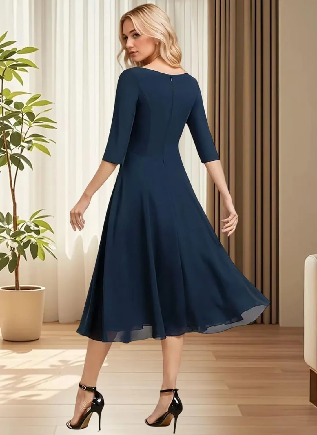 Mother of The Bride Dresses Chiffon Tea Length Women Lace Applique Wedding Guest Dress 3/4 Sleeve Formal Evening Gowns