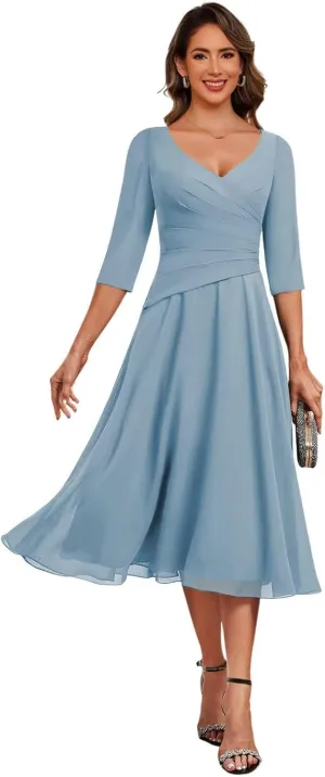 Mother of The Bride Dresses Chiffon Tea Length Women Lace Applique Wedding Guest Dress 3/4 Sleeve Formal Evening Gowns