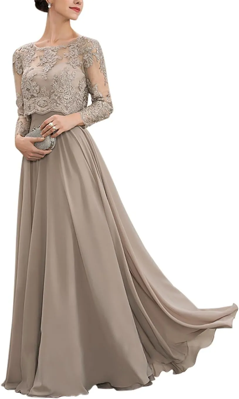 Mother of The Bride Dresses Long Chiffon Formal Prom Gown Lace Wedding Guest Party Dresses for Women