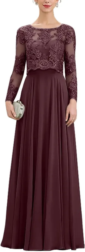 Mother of The Bride Dresses Long Chiffon Formal Prom Gown Lace Wedding Guest Party Dresses for Women
