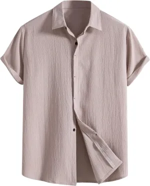 Muscularfit Button Down Short Sleeve Shirts for Men Casual Cotton Linen Solid Color Top Summer Light Weight Soft Fitted Shirt
