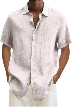 Muscularfit Mens Boys White Button Down Shirt Casual Stylish Short Sleeve Cotton Linen T Shirts Summer Regular-Fit Sport Top