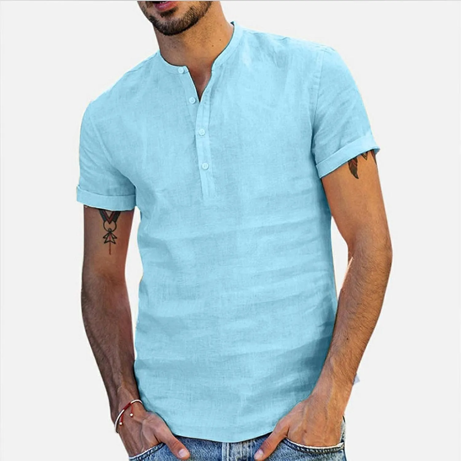 Muscularfit Mens Cotton Linen T Shirts Casual Stylish Short Sleeve Button Down Shirt Summer Regular-Fit Light Weight Tees