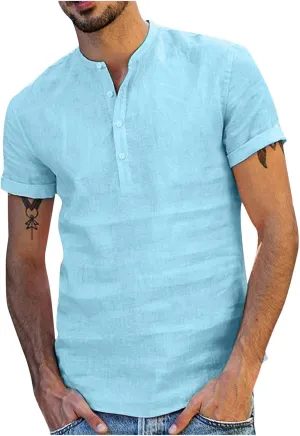 Muscularfit Mens Cotton Linen T Shirts Casual Stylish Short Sleeve Button Down Shirt Summer Regular-Fit Light Weight Tees