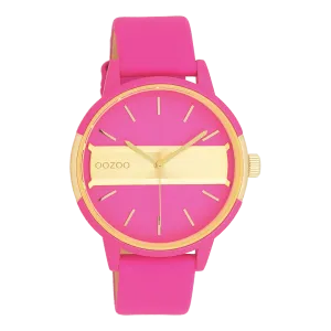 Neon pink/gold coloured OOZOO watch with neon pink leather strap - C11192