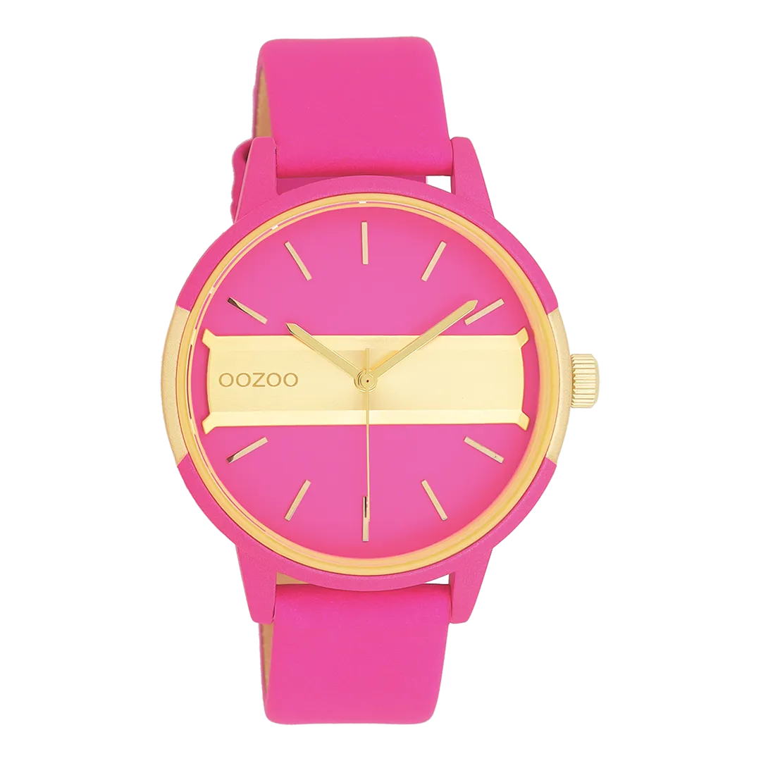 Neon pink/gold coloured OOZOO watch with neon pink leather strap - C11192