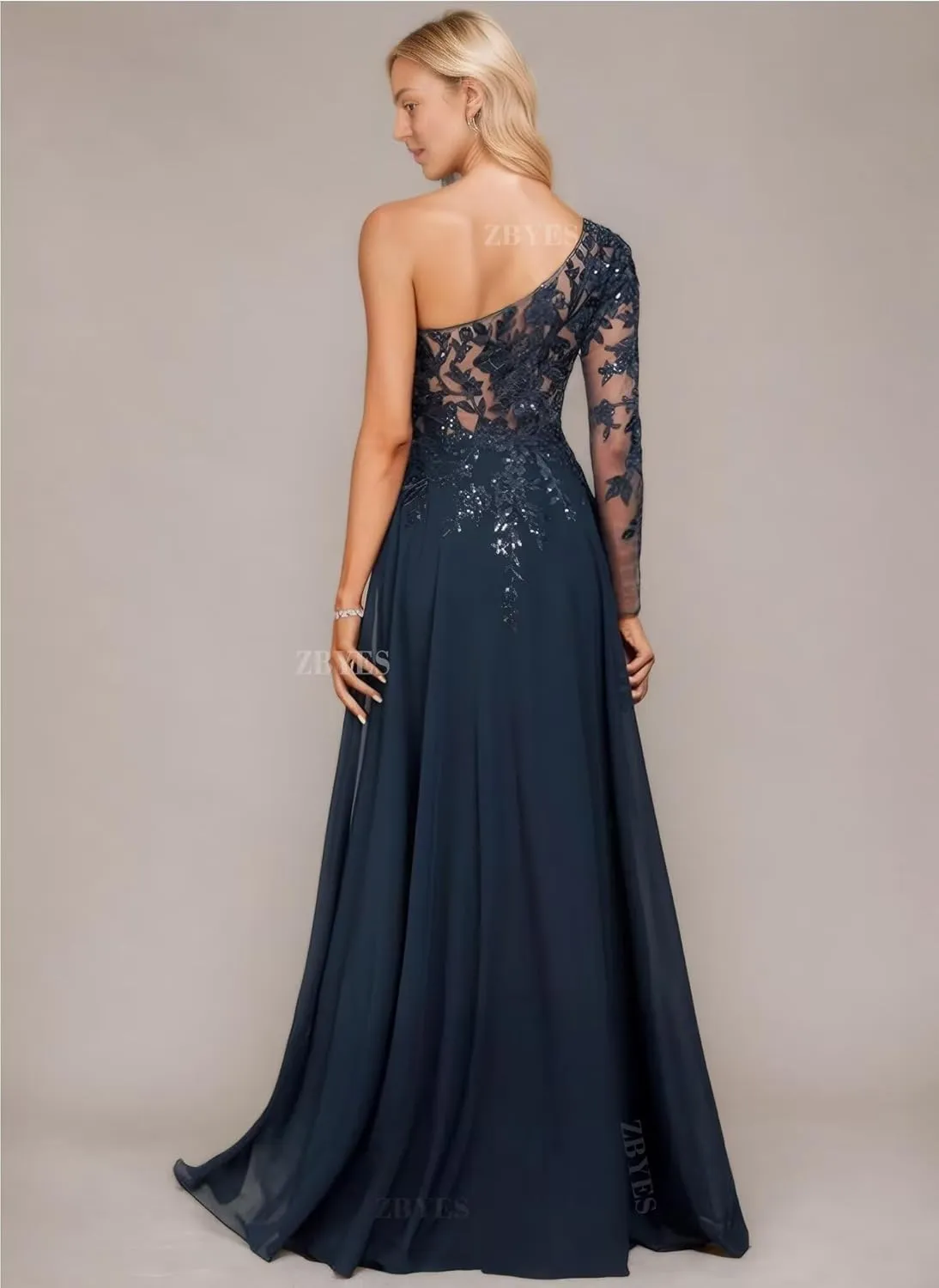 One Shoulder Mother of The Bride Dresses for Wedding Chiffon Long Sleeve Lace Sequins Formal Evening Gowns with Slit