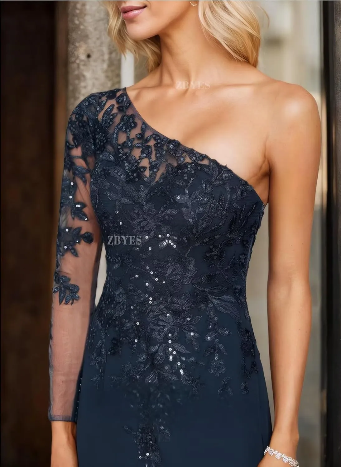 One Shoulder Mother of The Bride Dresses for Wedding Chiffon Long Sleeve Lace Sequins Formal Evening Gowns with Slit