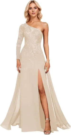 One Shoulder Mother of The Bride Dresses for Wedding Chiffon Long Sleeve Lace Sequins Formal Evening Gowns with Slit