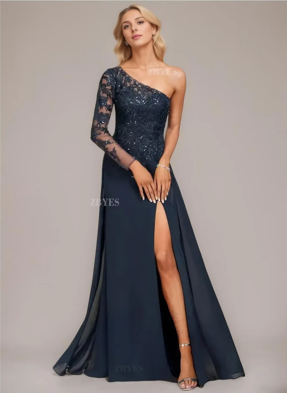 One Shoulder Mother of The Bride Dresses for Wedding Chiffon Long Sleeve Lace Sequins Formal Evening Gowns with Slit