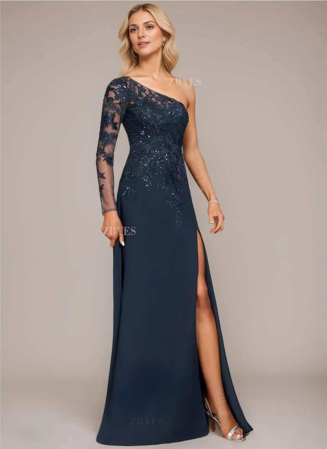One Shoulder Mother of The Bride Dresses for Wedding Chiffon Long Sleeve Lace Sequins Formal Evening Gowns with Slit
