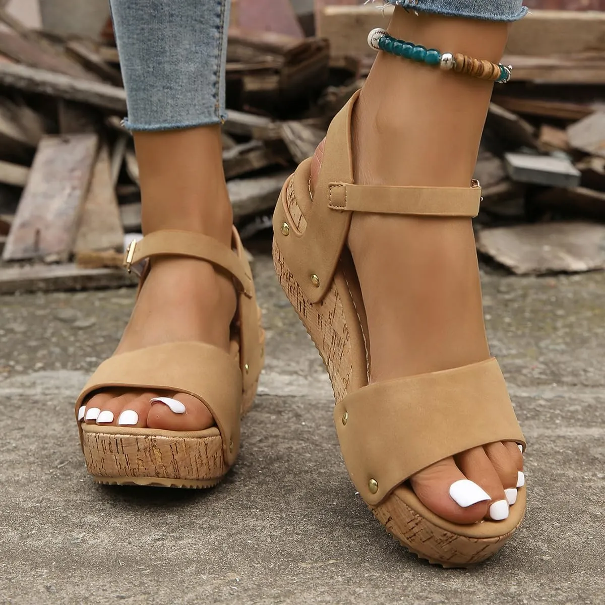 Open Toe Buckle Ankle Strap Espadrilles Flatform Wedge Casual Sandals Flatform Studded Wedge Sandals, Summer Platform Dress Shoes Casual Comfortable Non Slip Espadrilles