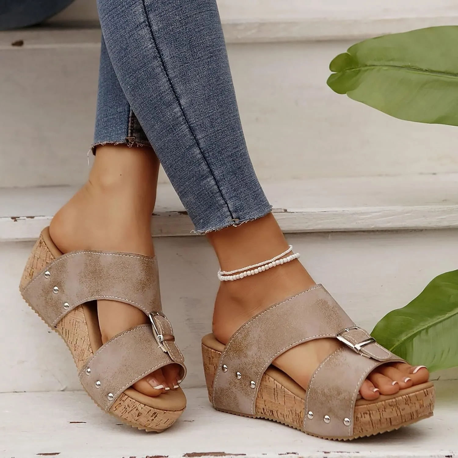 Orthopedic Wedge Sandals for Women 2025,Wide Width Dressy Platform Chunky Heels Slides Summer Comfortable Slip On Mules Open Toe Casual High Heels Boho Beach Ladies Sandals
