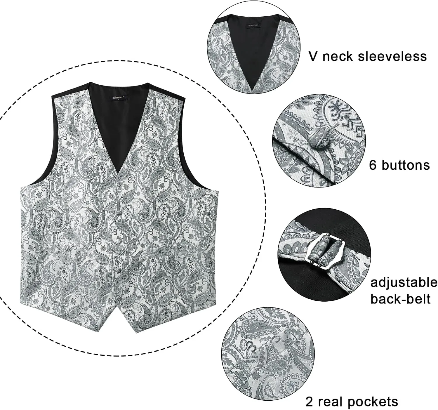 Paisley Vest and Tie Sets for Men Formal Floral Jacquard Suit Vests Ties Pocket Square Cufflinks 5PCS Tuxedo Waistcoat