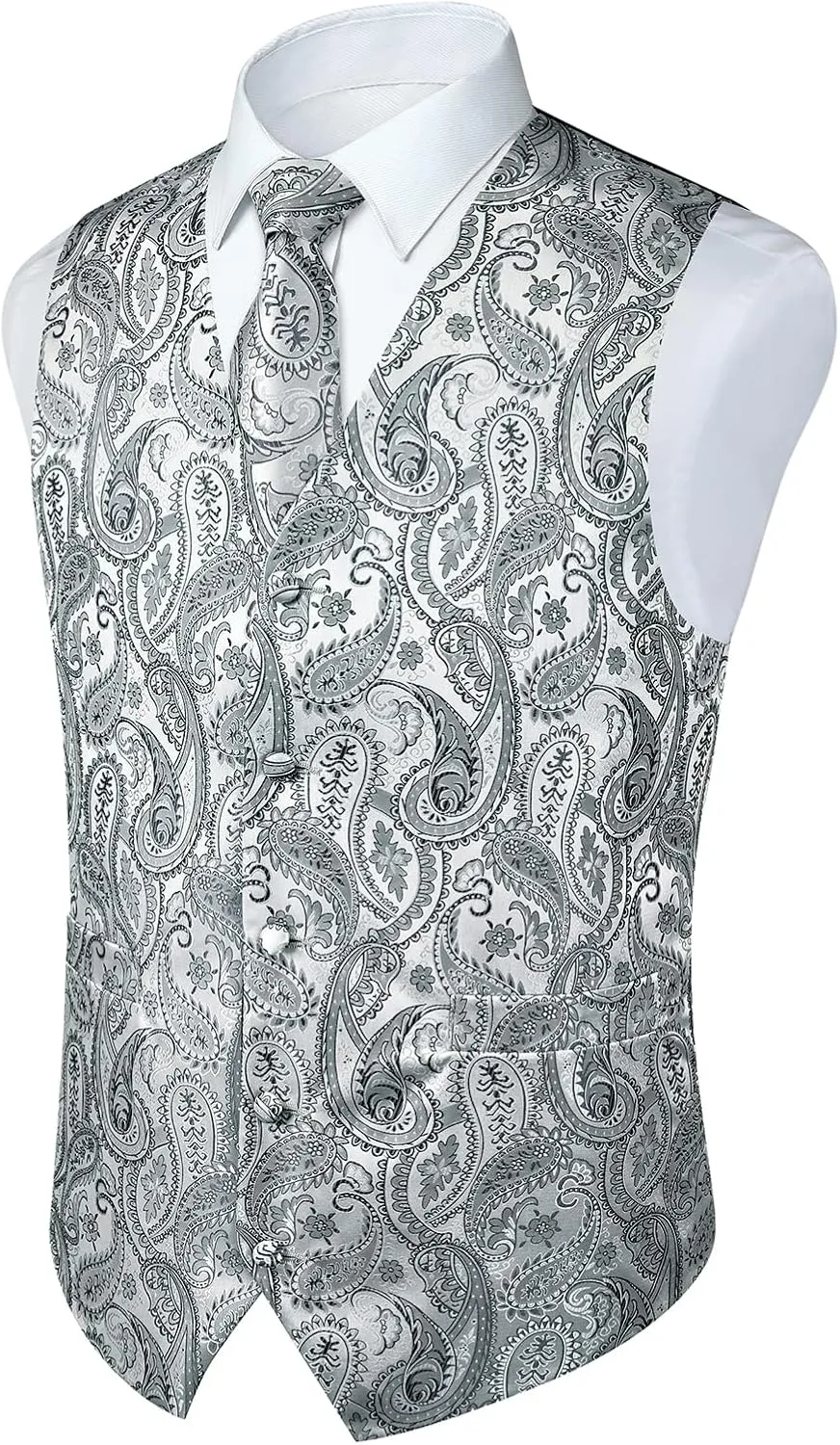 Paisley Vest and Tie Sets for Men Formal Floral Jacquard Suit Vests Ties Pocket Square Cufflinks 5PCS Tuxedo Waistcoat
