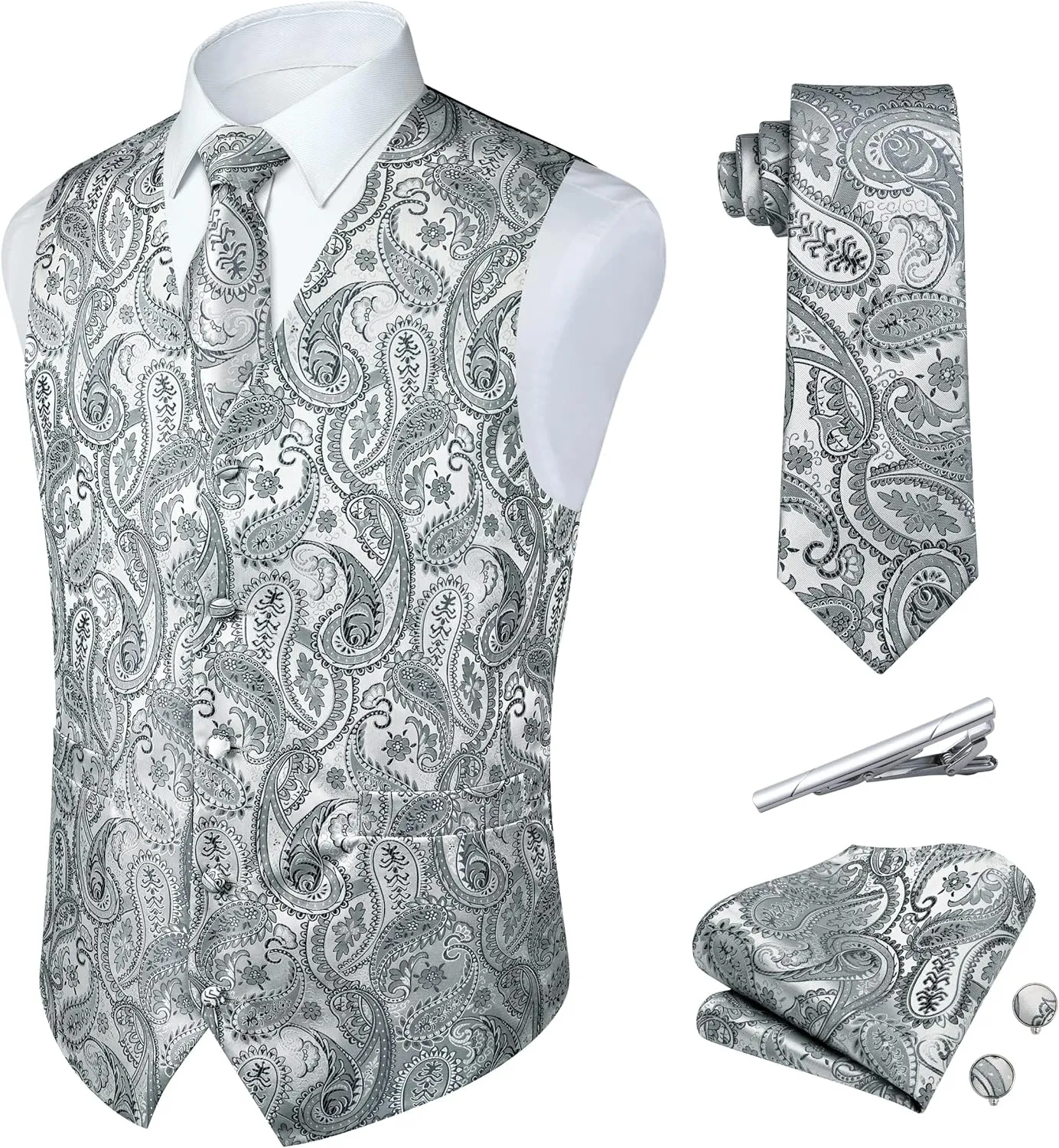 Paisley Vest and Tie Sets for Men Formal Floral Jacquard Suit Vests Ties Pocket Square Cufflinks 5PCS Tuxedo Waistcoat