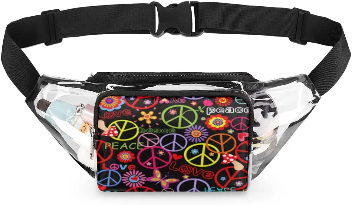 Peace Sign Flowers Clear Fanny Pack Stadium Approved Adjustable Clear Belt Bag Cute Waist Bags for Women Men Travel Sports Events Hiking Concerts