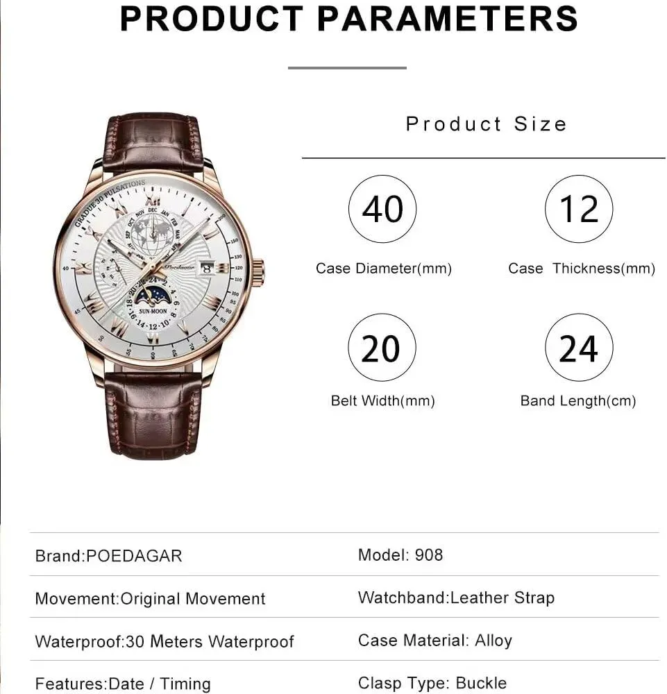 Poedagar Men Watch Fashion Sport Men's Wristwatch Waterproof Luminous Leather Date Quartz Watches Man Clock